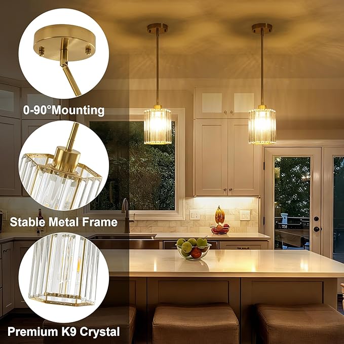 2 Pack Crystal Pendant Lights, Brushed Gold Kitchen Hanging Pendant Light Fixtures, Modern Hexagonal Crystal Pendant Lighting for Kitchen Island, Dining Room, Hallway, Foyer, Entryways