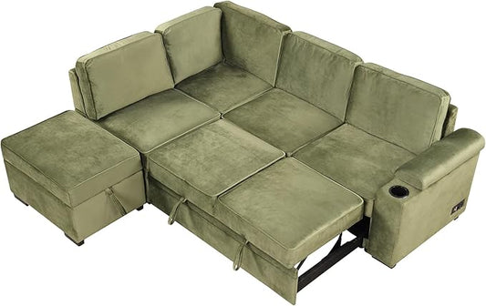 ERYE 84-Inch Left Facing Corner Sleeper Sectional Sofa with Pull Out Sleeper Couch Bed and Storage Ottoman,L-Shaped Corner Convertible Sofa Bed W/Cupholder & Padded Armrests | USB Charging Ports, 3-pin Plug Socket