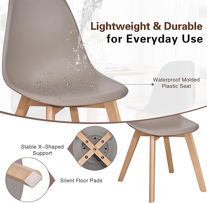 VECELO Dining Chairs Set of 4, Mid-Century Modern Kitchen & Dining Room Chairs, Molded Plastic Seat & Back, Solid Wood Legs, Armless, Non-Slip Feet, Grey