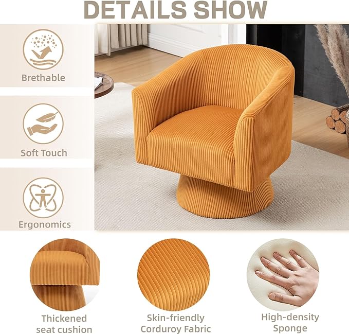 Swivel Accent Chair, Modern 360° Barrel Chair, Corduroy Upholstered Single Sofa for Living Room, Bedroom(Mustard)