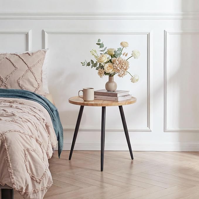 VECELO Modern Side Table, Round Small End Table, Exclusively Designed Hand-Crafted Small Nightstand, Solid Wood,Oak top with Black Metal Legsfor Bedrooms, Living Rooms and Home Office
