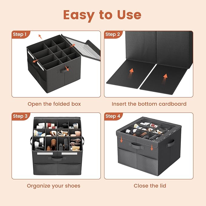 PHINOX Shoe Organizer for Closet, Fits 12-24 Pairs, Shoe Storage Bins with Clear Cover and Reinforced Handles, Foldable Shoe Storage Organizer, Space Saving Shoe Holder for Wardrobe, 2 Pack Black
