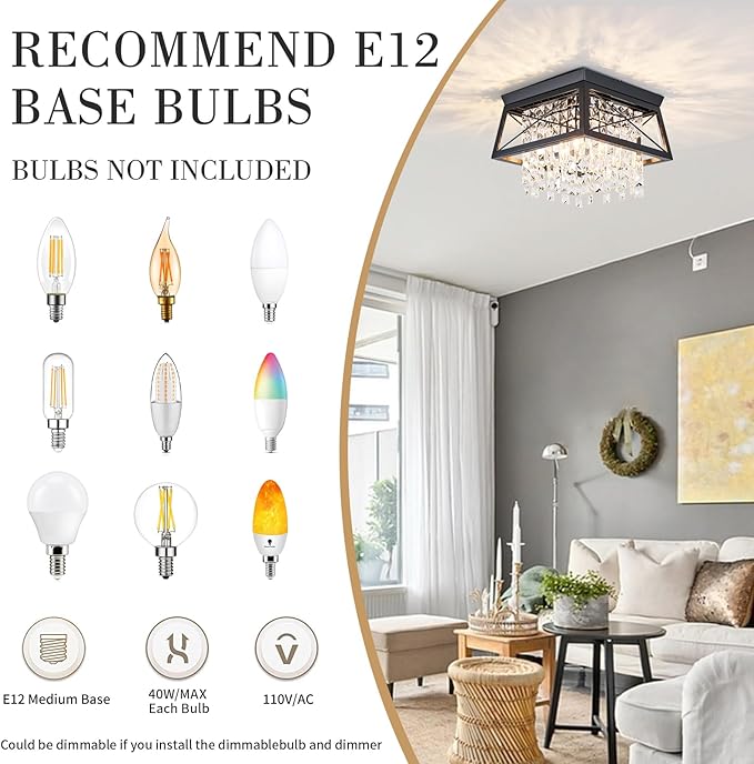 Crystal Flush Mount Ceiling Light, 11.8 inch 4-Light Black Farmhouse Lighting Metal Ceiling Light, Modern Trapezoid Hallway Light Fixtures Ceiling Mount for Bedroom Kitchen Laundry Entryway Foyer