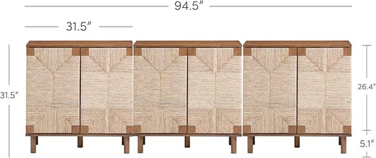 Nathan James Beacon Boho Accent Cabinet with Doors, TV Stand with Adjustable Interior Shelf and Seagrass Accent, Dark Brown, Set of 3