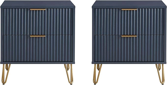Manhattan Comfort Dumbo Modern Nightstand 2.0 with 2 Metal Feet | Splayed Gold Legs | Vertical Ribbed Design | No Tool Assembly Storage for Bedroom, Set of 2, Midnight Blue