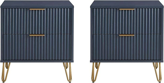 Manhattan Comfort Dumbo Modern Nightstand 2.0 with 2 Metal Feet | Splayed Gold Legs | Vertical Ribbed Design | No Tool Assembly Storage for Bedroom, Set of 2, Midnight Blue