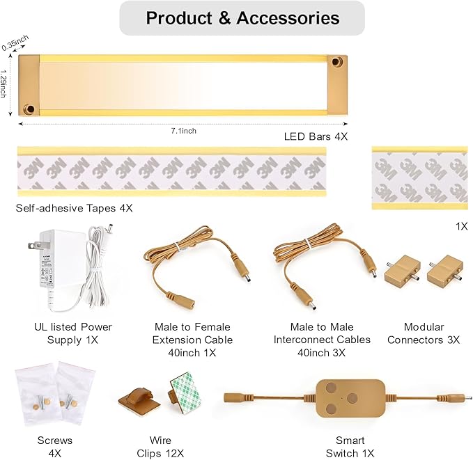 4pack 7inch Dimmable LED Kitchen Light Kit, 2700-6000K Smart Closet Cabinet Lighting Fixture APP Control, Compatible with Alexa, Google Assistant, for Under Counter, Garage, Pantry (Gold)