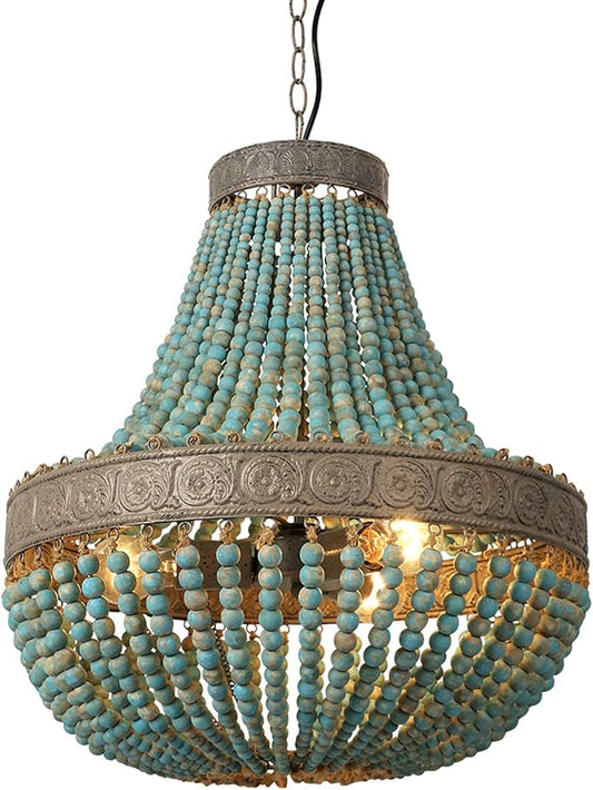 Newrays Wood Bead Chandelier Pendant Gray Blue Finishing Bohemian Boho Beachy Ceiling Lamp Light Fixtures (19.88 in*21.65 in)