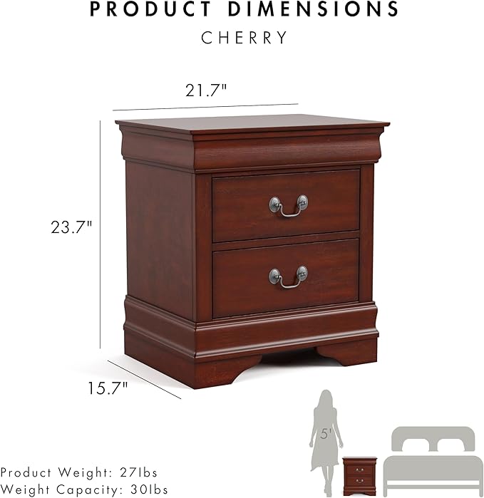 Furniture of America Arabella Traditional Solid Wood Nightstand with Drawers and Antique Nickle Handles, Small Bedside Table, No Assembly Wooden Night Stand for Bedroom, Guest Room, Dorm, Cherry