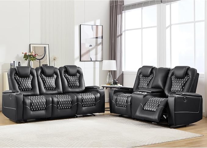 ANJ Living Room Furniture Sets,Power Upholstered 3 Seat Recliner Sofa & Loveseat Sofa with USB Ports and Cup Holders - Family Set Seating PU Leather Reclining Couch with Hidden Arm Storage(Black)