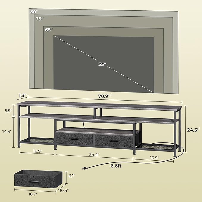 Huuger TV Stand for 75 80 Inch TV, Entertainment Center with Power Outlets and LED Lights, 70.9 Inch TV Console for Living Room, Media Console with Drawers and Shelves, Grey