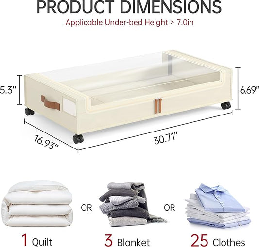 Yecaye Under Bed Storage with Wheels, 2 Pack Under Bed Storage Containers, 60L Underbed Shoe Storage with Clear Window & Label, Rolling Under Bed Metal Drawer for Clothes, Shoes, Books, Blankets