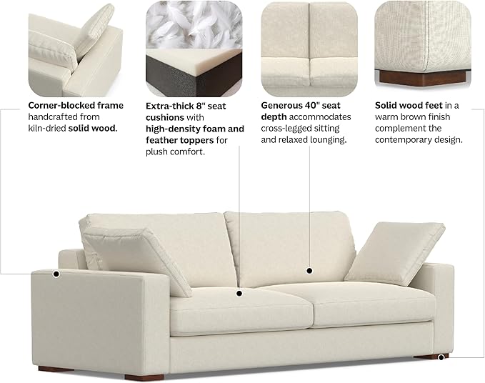 SIMPLIHOME Charlie Sofa in 100% Recycled Polyester Tightly Woven Performance Fabric, Cream, 96-inches Wide, Handcrafted Contemporary Style Sofa for Living Room or Couch for Family Room