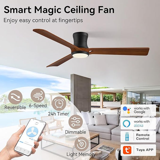 52in Smart Ceiling Fans with Lights,Low Profile Modern Wood Ceiling Fans,Remote/APP/Alexa Control,Outdoor Indoor Flush Mount Ceiling fan,for Patio Bedroom Farmhouse,3 Walnut Blade,Reversible,Quiet