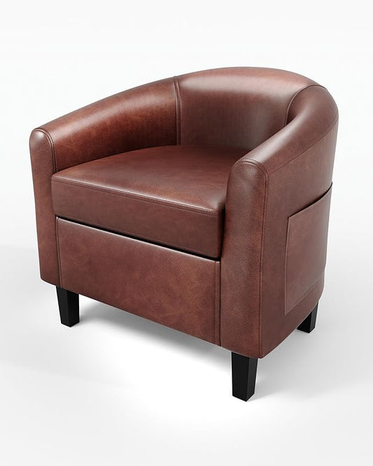 GarveeHome Accent Chair Faux Leather Barrel Chairs Club Armchair with Soft Seat for Living Room Bedroom Reading Waiting Room - Brown