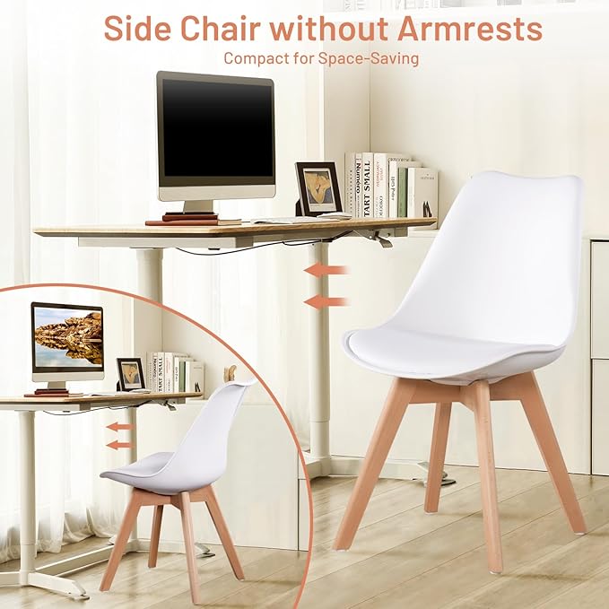 Dining Chairs Set of 6, Side Chairs Upholstered Armless Mid-Back Faux Leather Cushioned for Dining Room Kitchen Living Room, Soft Padded Seats & Solid Wood Legs, White