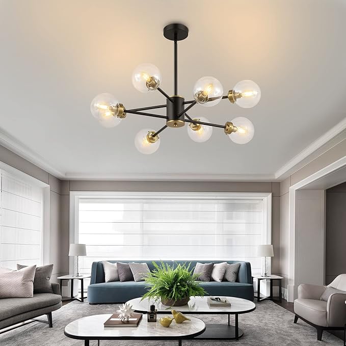 WINGBO 8-Light Sputnik Chandelier, Modern Pendant Light Fixture with 4.7" Clear Glass Globe Shade for Flat and Slop Ceiling, Height Adjustable for Kitchen Living Room Dining Room Bedroom, Black