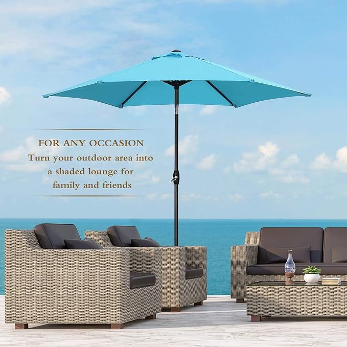 HYD-Parts 9FT Patio Umbrella Outdoor Table Umbrella,Market Umbrella with Push Button Tilt and Crank for Garden, Lawn, Deck, Backyard & Pool, with a Base (Blue)