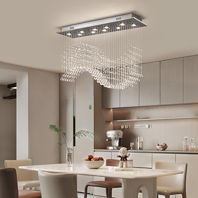 Siljoy 10 Lights Rectangle Wave Raindrop Crystal Chandelier Modern Rectangular Flush Mount Crystal Ceiling Light for Dining Room Living Room Kitchen Island L40'' x W11.8'' x H35.4''