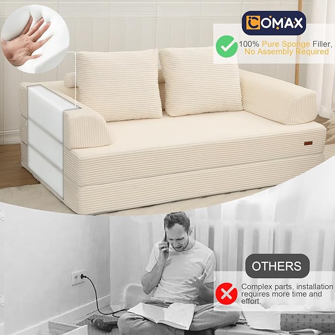 COMAX Futon Sofa Bed, Convertible Folding Sofa Bed, Boneless Couch Loveseat Corduroy with Pillows, Small Foldable Floor Couch Comfy Lounge Sleeper for Living Room Bedroom, Beige