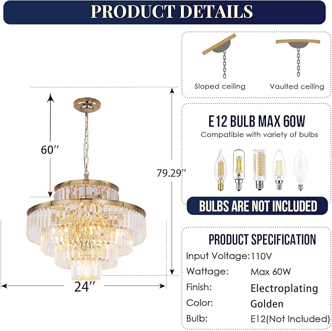 Gold Modern Crystal Chandelier Pendant Ceiling Lights Chandeliers Lighting Fixture for Dining Living Room Foyer Hallway 12-Lights (Dia 24 Inch)