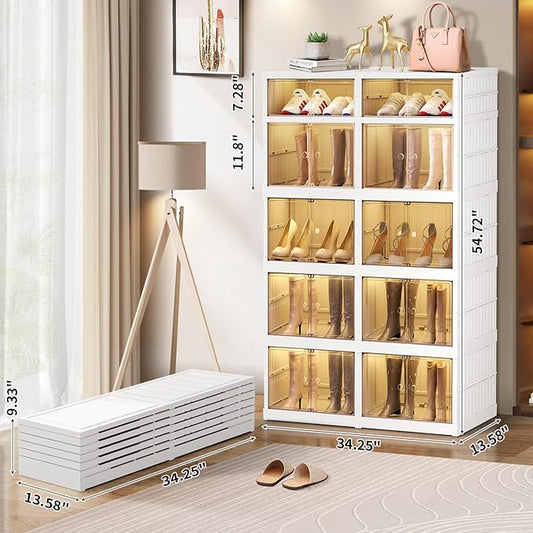 5-Tier Foldable Shoe Rack Organizer for Closet 20Pairs Plastic Collapsible Shoes Storage Box Clear Shoe Boxes Stackable with Door Easy Assembly Shoe Cabinet Bins with Lids Large
