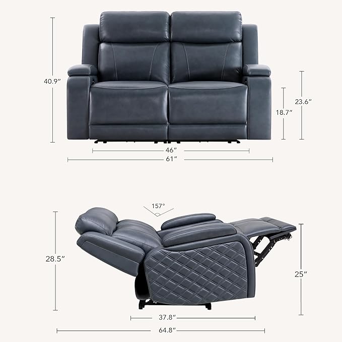 Watson & Whitely Genuine Leather Power Loveseat Recliner Sofa, Zero Gravity Reclining Loveseat with Power Headrest & Hidden Storage, Charging Ports, Dual Recliner Sofas for Living Room, Navy Blue