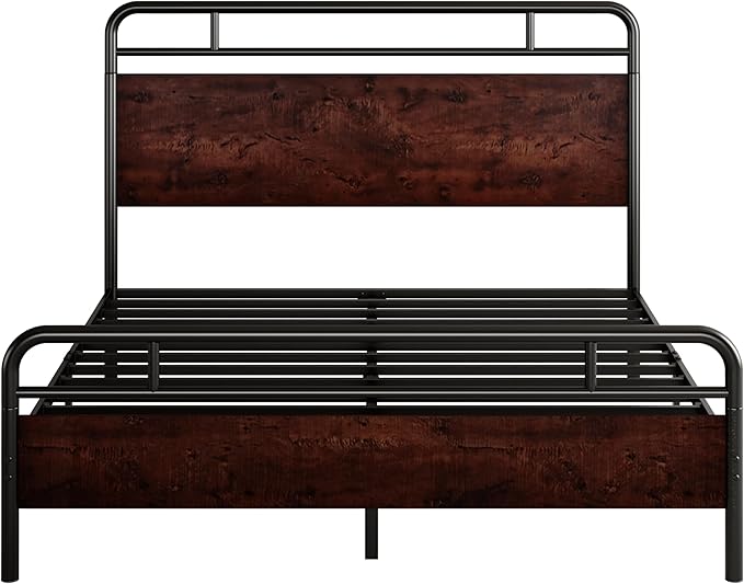 SHA CERLIN Queen Size Bed Frame with Wooden Headboard and Footboard, Rounded Corner Metal Structure, Heavy Duty Slats with Under-Bed Storage, No Box Spring Needed, Mahogany