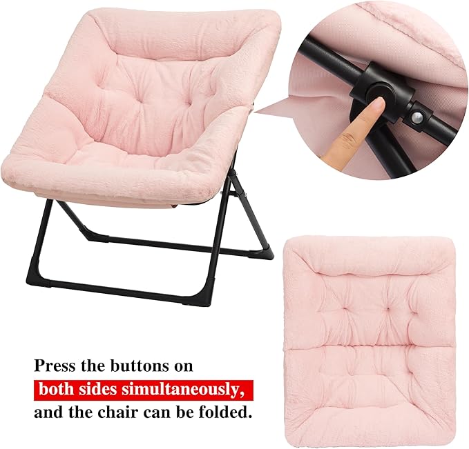 Comfy Saucer Chair for Adults, Soft Faux Fur Bedroom Chair, Accent Dorm Chairs, Flexible Living Room Reading Chairs, Oversized Folding Seat for Teens, X-Large, Light Pink