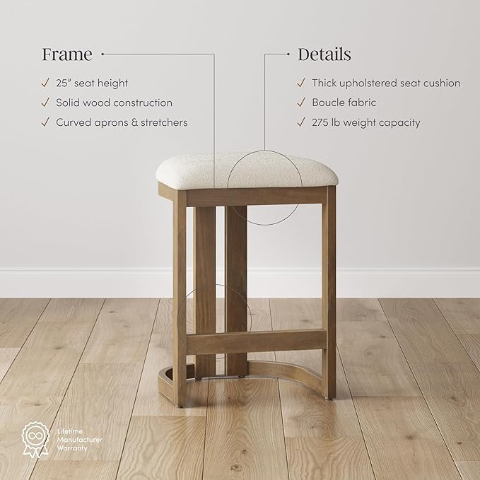 Nathan James Veya Modern Backless Bar Stool, Barrel Bar Stool with Boucle Upholstery and Solid Wood Legs, Light Brown