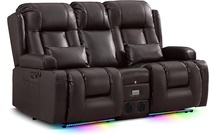 TUNYI Wall Hugger Loveseat Recliner Sofa with Console, Power Reclining Loveseat RV Couch with Massage & Heat/USB/Outlet/Storage/LED Light/Speaker (Espresso)