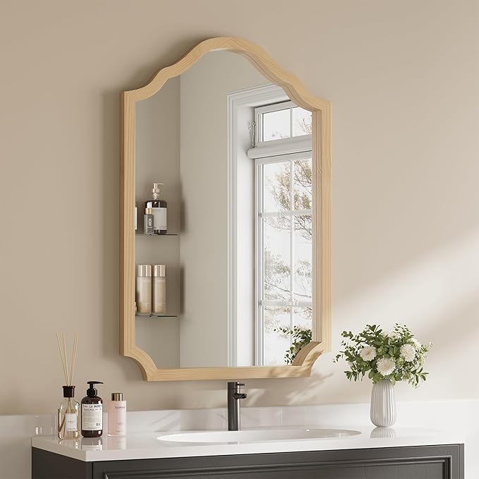 ULIKE Wood Arched Mirror 24x36 Inch, Rustic Wood Framed Mirror for Wall Decor, Wall Mirrors Decorative for Bathroom, Vanity Mirror for Living Room, Entryway or Bedroom, Natural