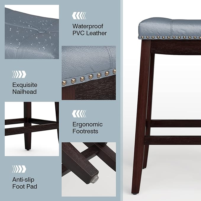 COSTWAY Bar Stools Set of 2, 24-Inch Height Backless Counter Stool with Footrest, Soft Seat Cushion, Wood Legs and Non-Slip Foot Pad, Saddle Stools for Home Kitchen Living Room, Stone Gray+Dark Brown