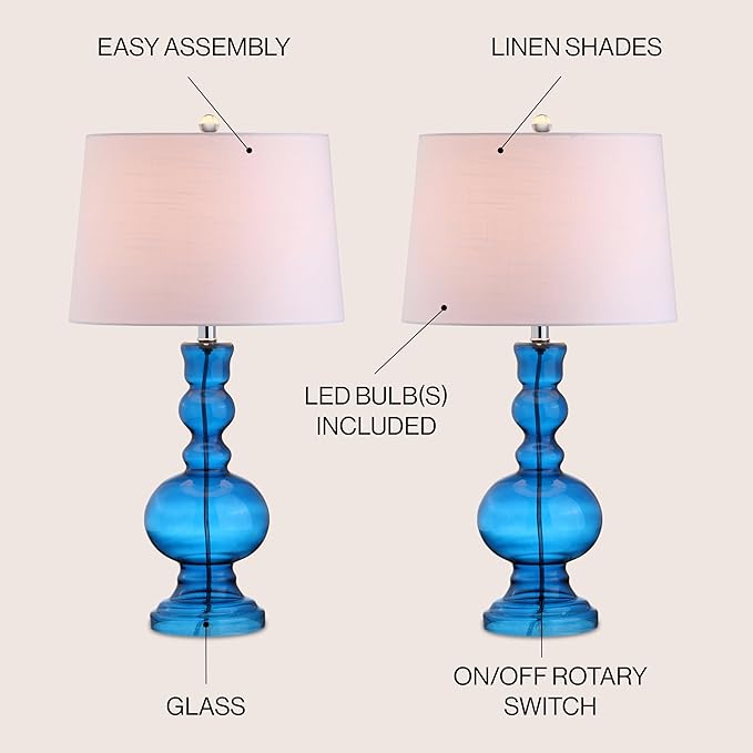JONATHAN Y 28.5" Night Blue Glass Table Lamp Set of 2 for Living Room Bedroom Decor, Modern Bedside Lamps with White Linen Shade, LED Bulbs Included (JYL1061C-SET2)