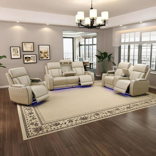 Power Leather Recliner Sofa Set with LED Light,Reclining Couch Set with USB Charger/Cup Holder/Storage,Leather Couch for Living Room Furniture Sets(3+2+1 Seats,Beige)