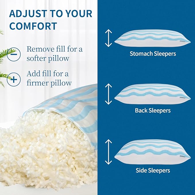 Pillows Standard Size Set of 2 - Cooling Shredded Memory Foam Bed Pillows for Sleeping, Adjustable Loft for Side, Back, and Stomach Sleepers, Medium Firm Support with Washable Cover, Blue