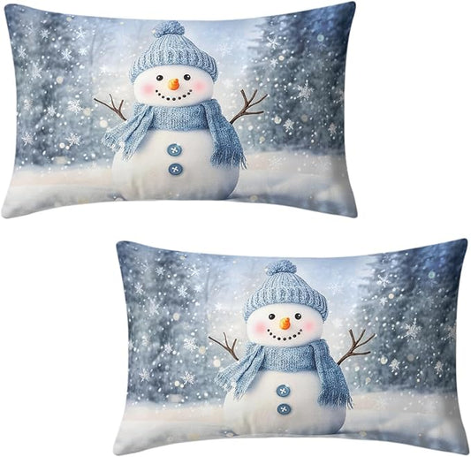 Blue Snowman Lumbar Throw Pillow Covers Winter Pillow Covers 12x20 Snowflakes Pillow Case Double Sided Printing Rectangular Cushion Case for Home Decor Couch Sofa Set of 2