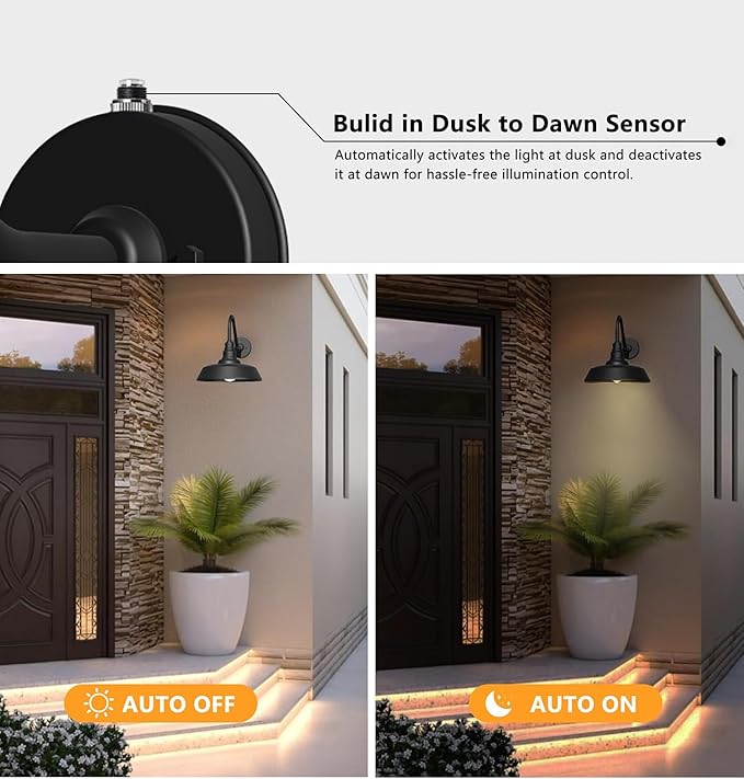 15 Inch Large Outdoor Gooseneck Barn Light, Dusk to Dawn Barn Lights 2-Pack, Exterior Classic Black Barn Light for Porch, Farmhouse, Garage, Gooseneck Lighting