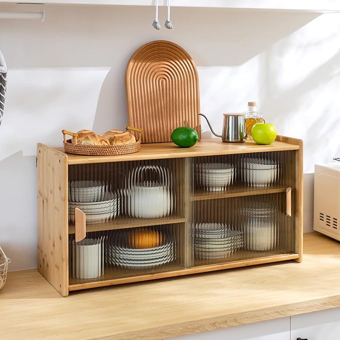 HollyHOME Small Bamboo Wall Mounted Kitchen Pantry Sideboard with 2 Doors and Adjustable Shelves, Coffee Wine Bar Storage Cabinet for Liquor and Glasses, Dining Cupboard for Bottle, Dish, Burlywood