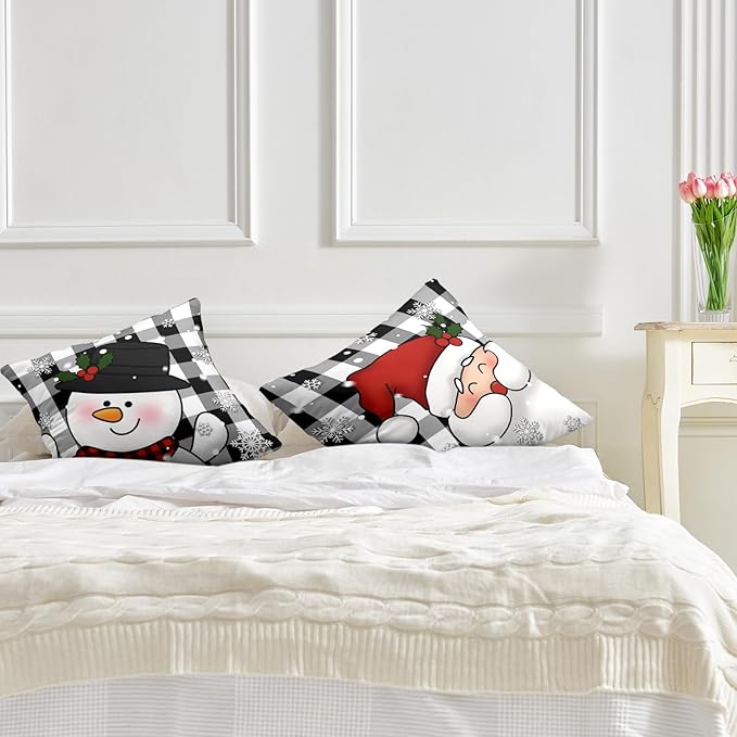 Plaid Christmas Decorations Black and White Pillow Covers 24x24 Set of 2 Santa Snowman Cushion Covers Winter Snowflakes Pillows Decorative Holiday Home Decor for Sofa Bed