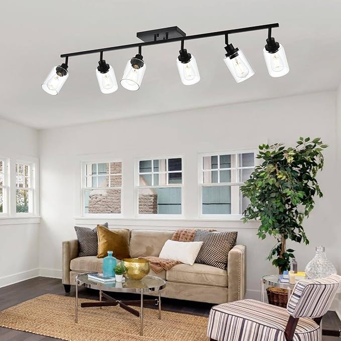 MELUCEE Ceiling Track Lighting Kits 6 Light Bathroom Light Fixtures Wall Mount with Flexibly Rotatable Light Head, Modern Black Spotlights with Clear Glass Shade