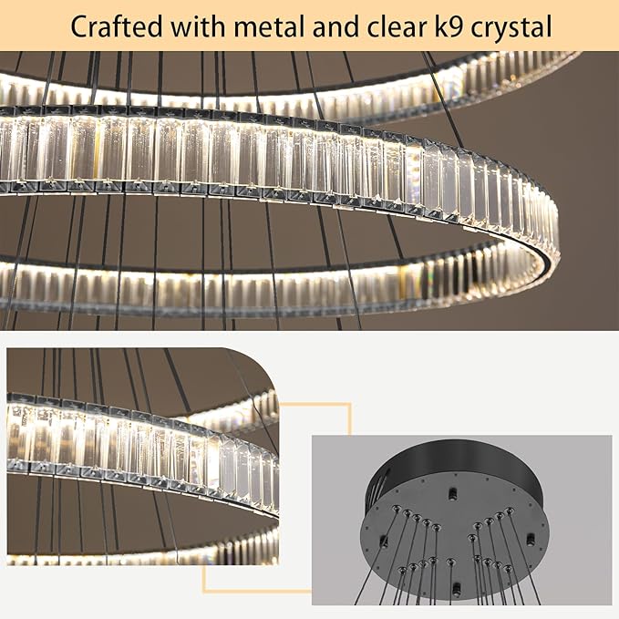 Large Ring Crystal Chandelier Modern Dimmable Chandelier High Ceiling Chandelier Round LED Ceiling Light Fixture for Foyer Long Stair Big Chandelier Black 8''+16''+24''+32''+40''