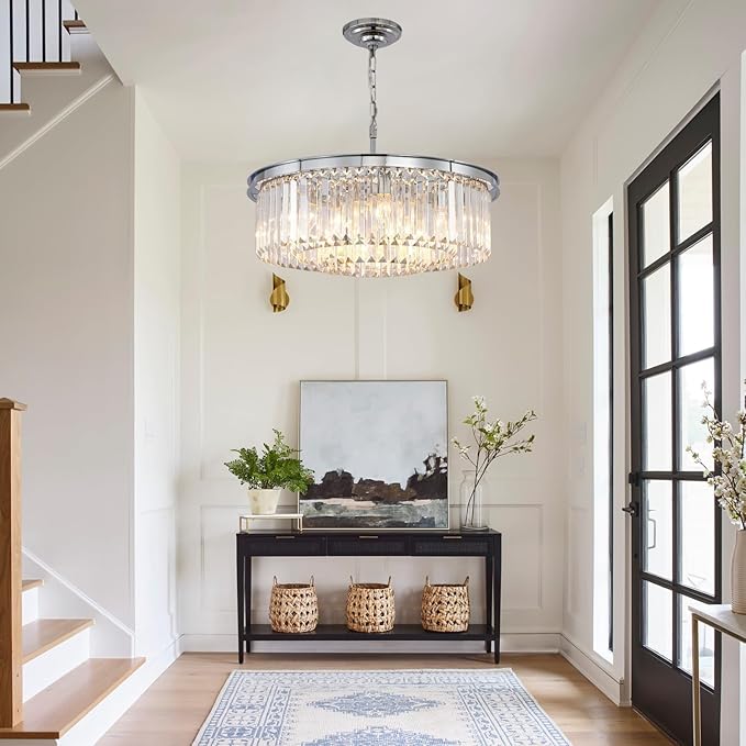 9Lights Crystal Chandelier Modern Chandeliers Lighting Pendant Ceiling Light Fixture 3-Tier for Dining Room Living Room Bedroom, Chrome Finished W24''