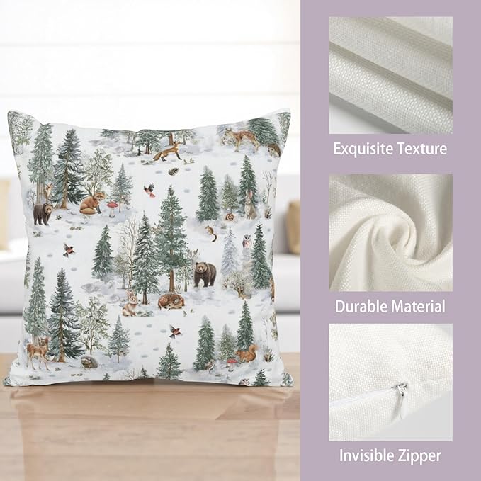 Winter Pillow Covers 24x24 Set of 2 Vintage Rustic Forest Pine Tree Snow Animals Print Xmas Holiday Throw Pillow Case Farmhouse Christmas Decoration Cushion Cases for Home Couch Sofa