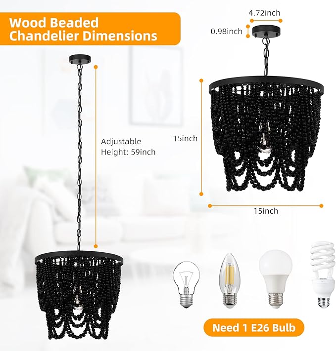 Boho Beaded Chandelier 15" Wood Bead Semi Flush Mounted Pendant Light Black Height Adjustable, 2 Tiers, Antique Rustic, for Living Room, Bedroom, Kitchen, Hallway, Passway