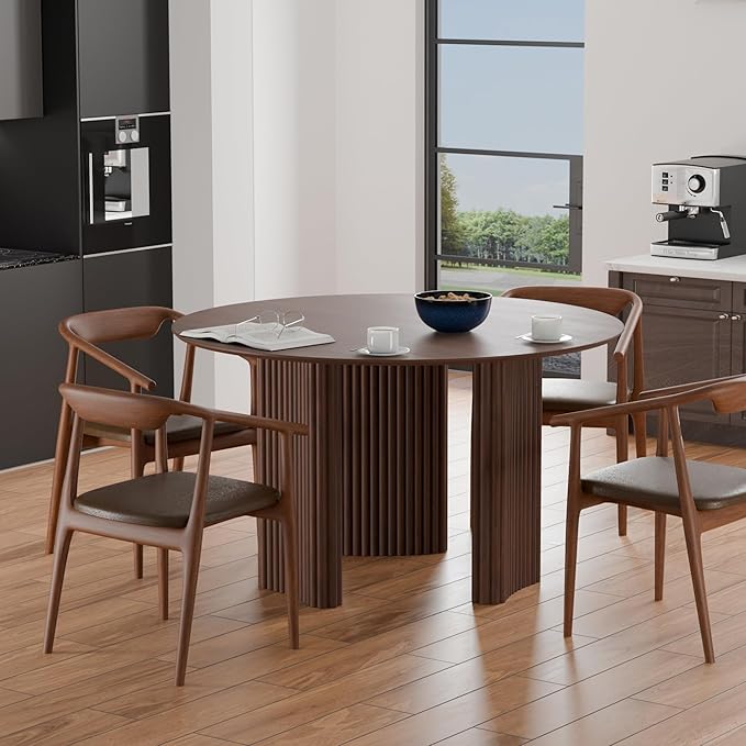 Casaphoria 46" Round Dining Table for 2-4, Farmhouse Style Small Table with Stripes Base, Easy Assembly for Living Room, Kitchen, Bar, Walnut