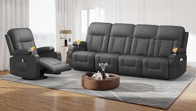 FURNIMAT Oversized Recliner Sofa Set with 4+1 Pieces in Living Room, 4 Seater Reclining Sofa, 1 Recliner Chair with 360 Degree Swivel Single Sofa Seat