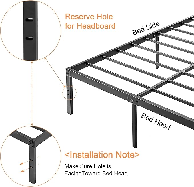 VECELO 14" Full Metal Platform Bed Frame,Heavy Duty Steel Slat/Easy Assembly Mattress Foundation/No Box Spring Needed