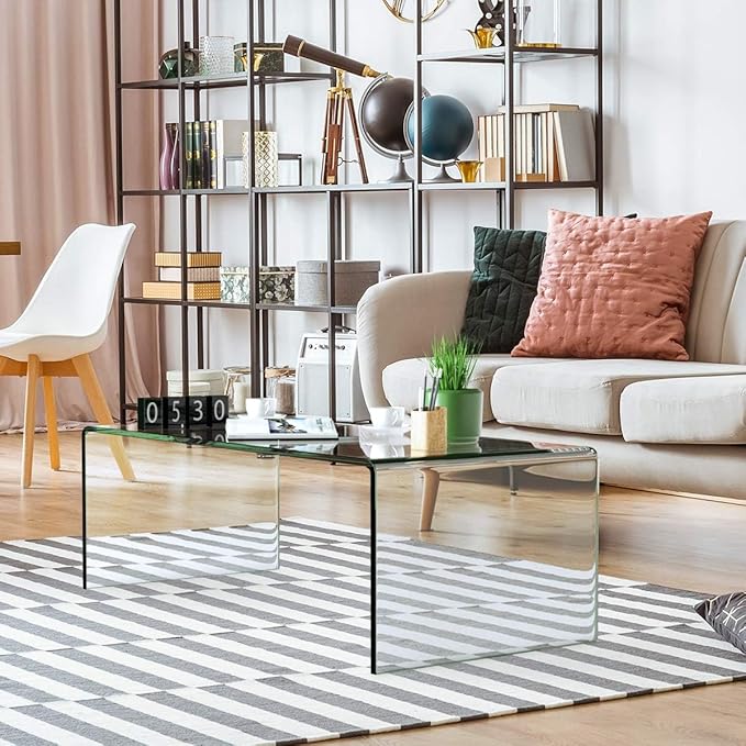 Tangkula Glass Coffee Table, 42.5" L × 20" W ×14" H, Modern Home Furniture, 0.47" Clear Tempered Glass End Table, International Occasion Tea Table, Waterfall Table with Rounded Edges (Clear)