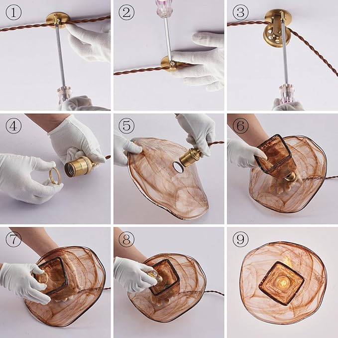 YLONG-ZS Hanging Lights with Plug in Cord,Hanging Lamp Plug in Gold Vintage Glass Pulley Brass Modern Pendant Lights for Kitchen Island,Dining Room, Living Room,Bedroom